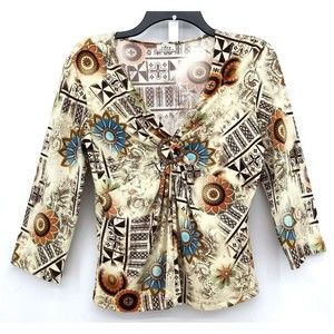 CDW Creative Design Works Shirt Womens Large Beige Floral 3/4 Sleeve Blouse